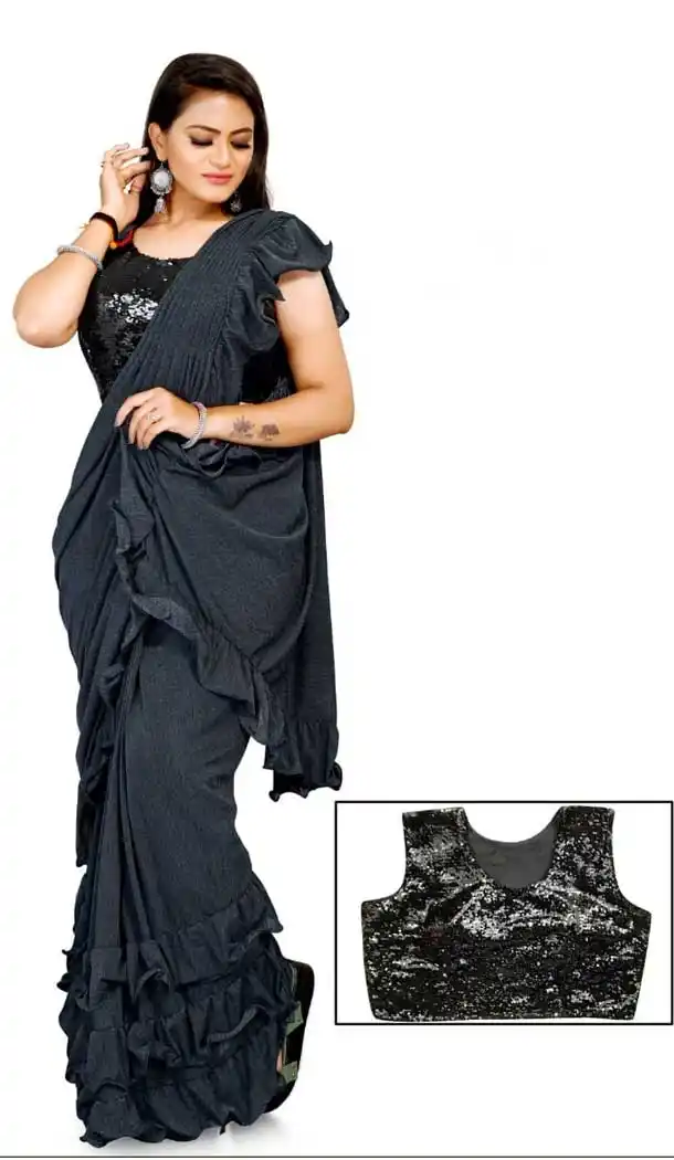 Dazzling Diva Grey Color Lycra Designer Party Wear Lehenga Style Saree -1231128521