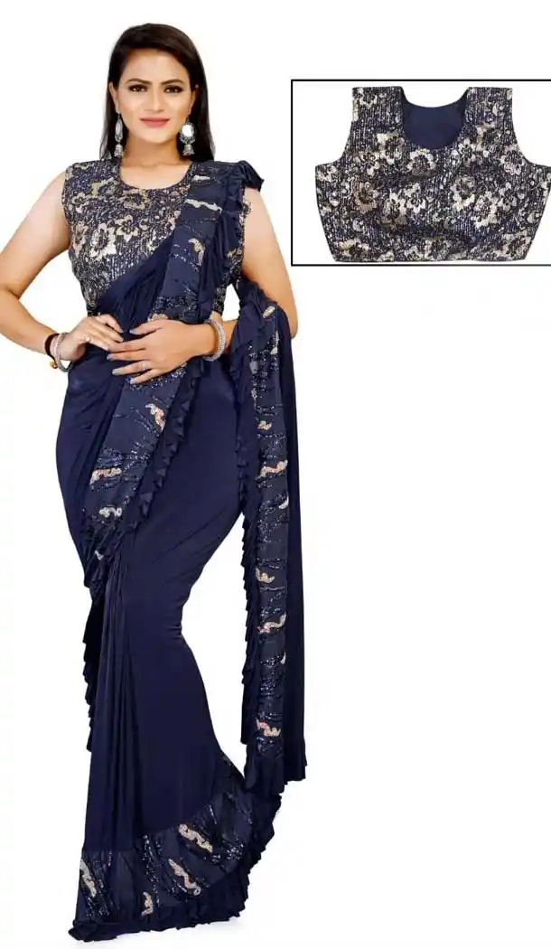 Adorable Navy Blue Color Lycra Designer Party Wear Lehenga Style Saree -1231128522