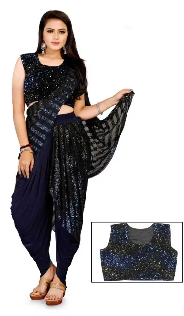 Navy Blue Color Lycra Designer Party Wear Lehenga Style Saree -1231128525