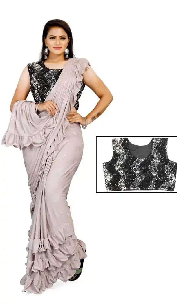 Off White Color Lycra Designer Party Wear Lehenga Style Saree -1231128527