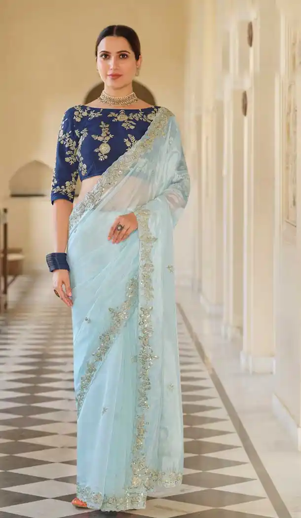 Mint Blue Color Tafeta Silk Designer Fancy Party Wear Saree Blouse -1234128537