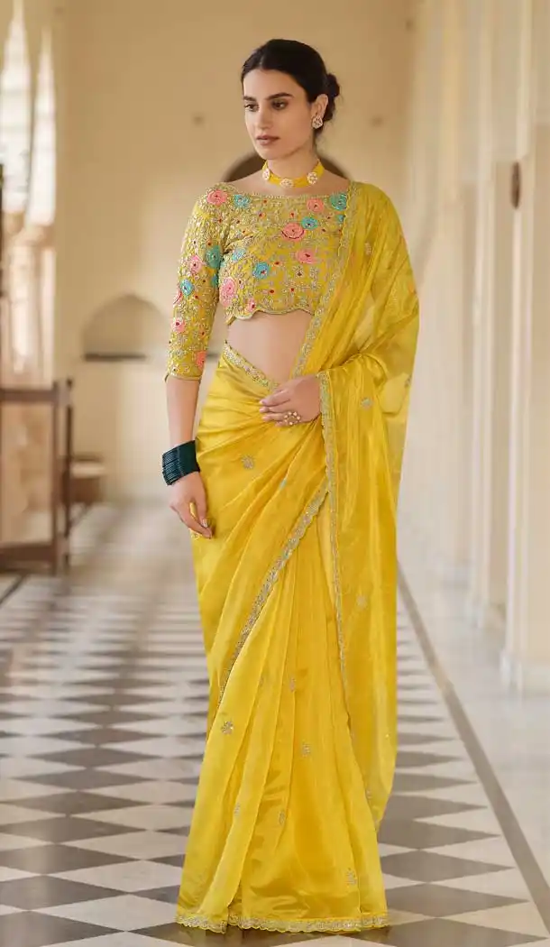 Yellow Color Soft Net Designer Fancy Party Wear Saree Blouse -1234128538