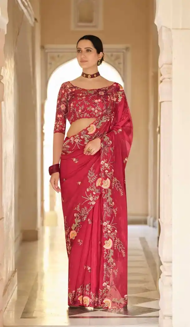 Red Color Organza Designer Fancy Party Wear Saree Blouse -1234128541