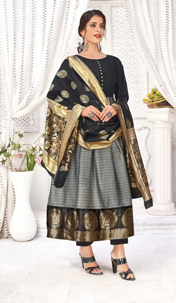 Grey Color Banarasi Silk Jacquard Party Wear Readymade Aanarkali Suit -1306128984