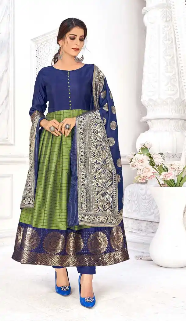 Navy Blue Color Banarasi Silk Jacquard Party Wear Readymade Aanarkali Suit -1306128985