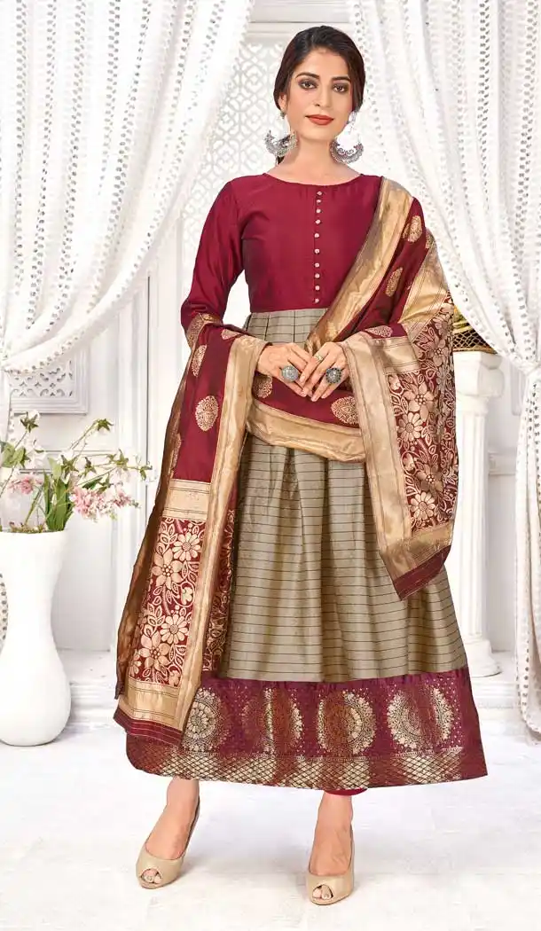 Maroon Color Banarasi Silk Jacquard Party Wear Readymade Aanarkali Suit -1306128987
