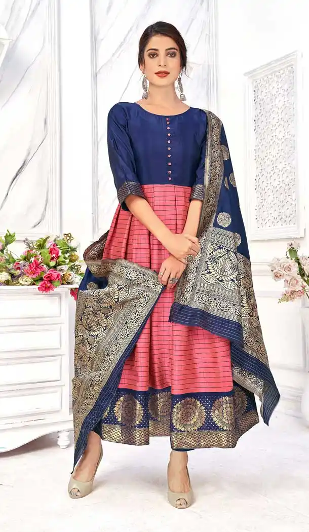 Enigmatic Pink Color Banarasi Silk Jacquard Party Wear Readymade Aanarkali Suit -1306128988