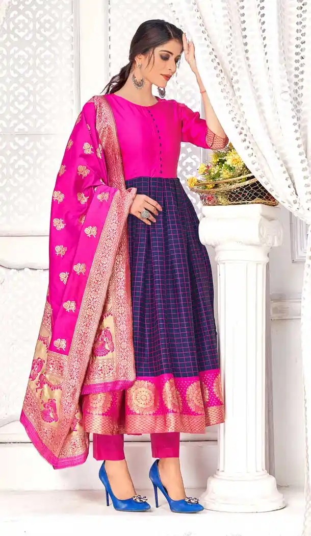 Marvelous Pink Color Banarasi Silk Jacquard Party Wear Readymade Aanarkali Suit -1306128989