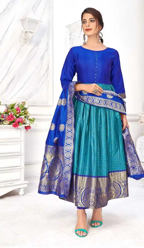 Turquoise Color Banarasi Silk Jacquard Party Wear Readymade Aanarkali Suit -1306128990