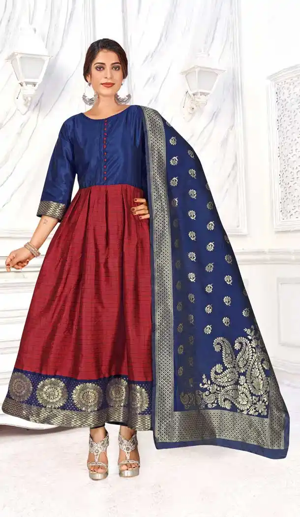 Attractive Maroon Color Banarasi Silk Jacquard Party Wear Readymade Aanarkali Suit -1306128991