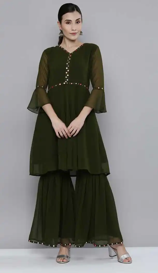 Mehendi Color Georgatte Designer Party Wear Readymade Kurti -1355129343