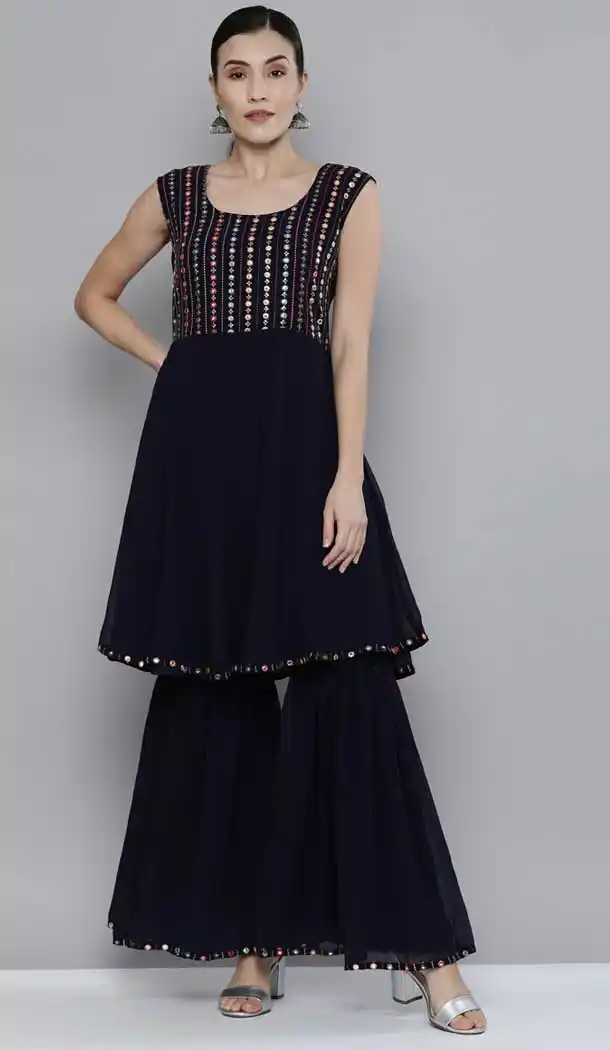 Navy Blue Color Georgatte Designer Party Wear Readymade Kurti -1355129344