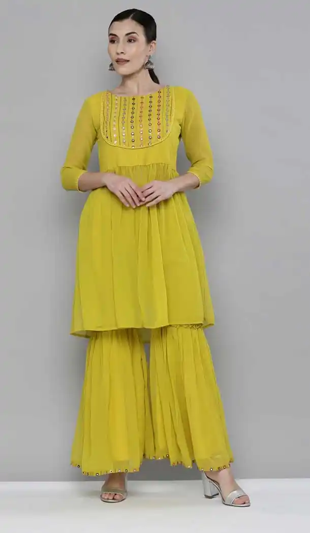 Lemon Color Georgatte Designer Party Wear Readymade Kurti -1355129345