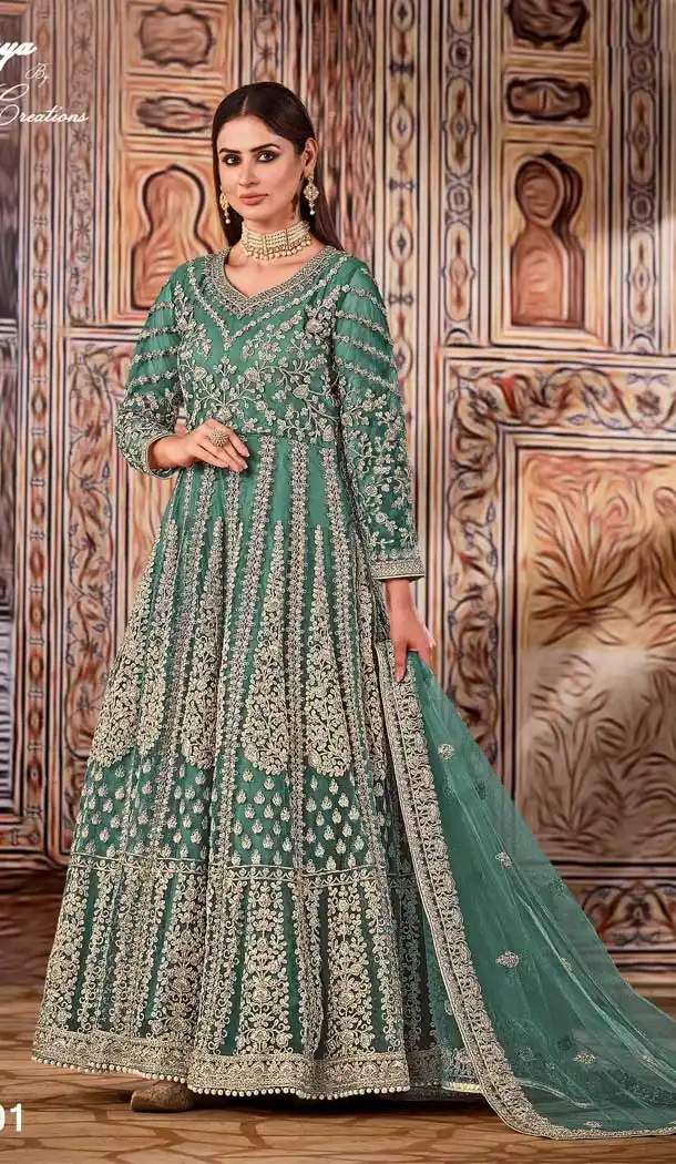 Mint Blue Color Net Designer Festive Party Wear Aanarkali Suit -1370129464