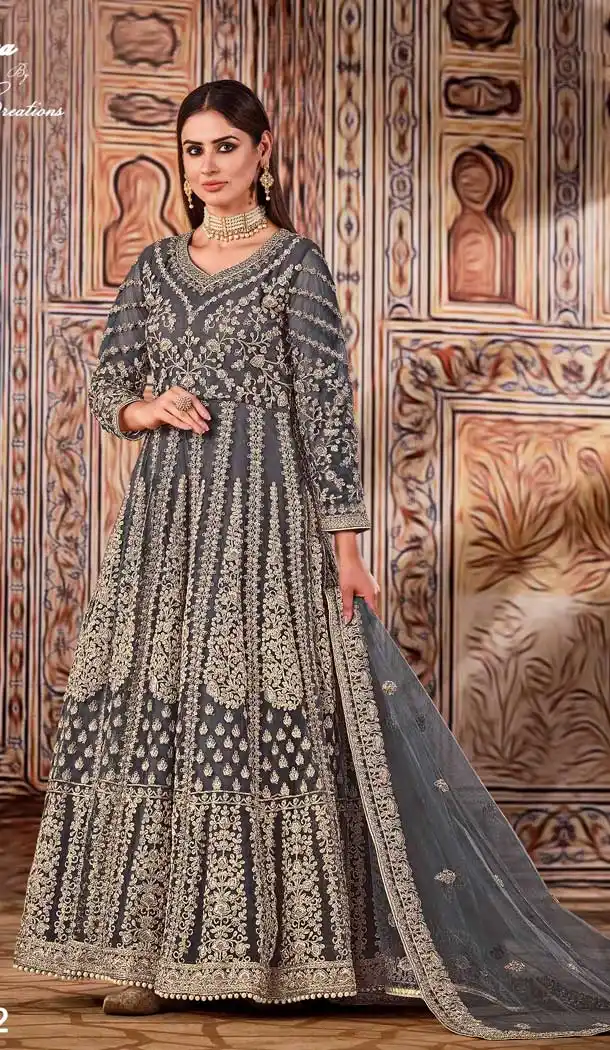 Splendorous Grey Color Net Designer Festive Party Wear Aanarkali Suit -1370129465