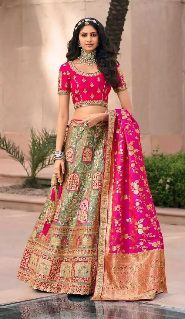 Grey Color Banarasi Silk Heavy Bridal Wedding Wear Lehenga Choli -1382129546