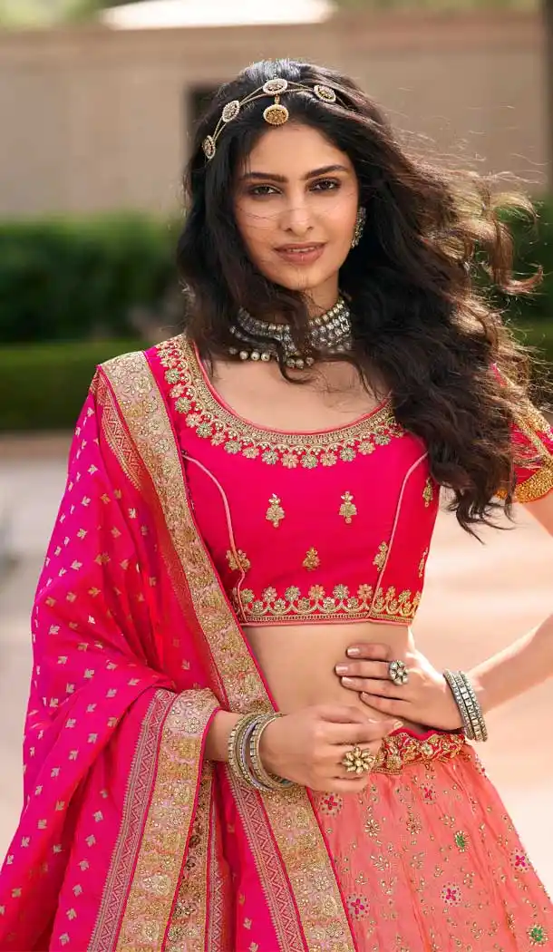 Peach Color Banarasi Silk Heavy Bridal Wedding Wear Lehenga Choli -1382129547