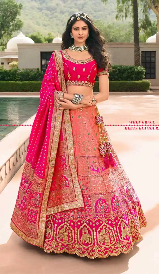 Peach Color Banarasi Silk Heavy Bridal Wedding Wear Lehenga Choli -1382129547