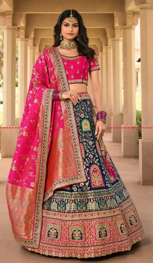 Navy Blue Color Banarasi Silk Heavy Bridal Wedding Wear Lehenga Choli -1382129548