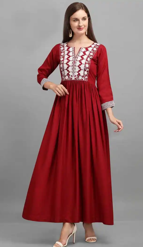 Red Color Rayon Designer Party Wear Long Ready Made Kurti -1388129597