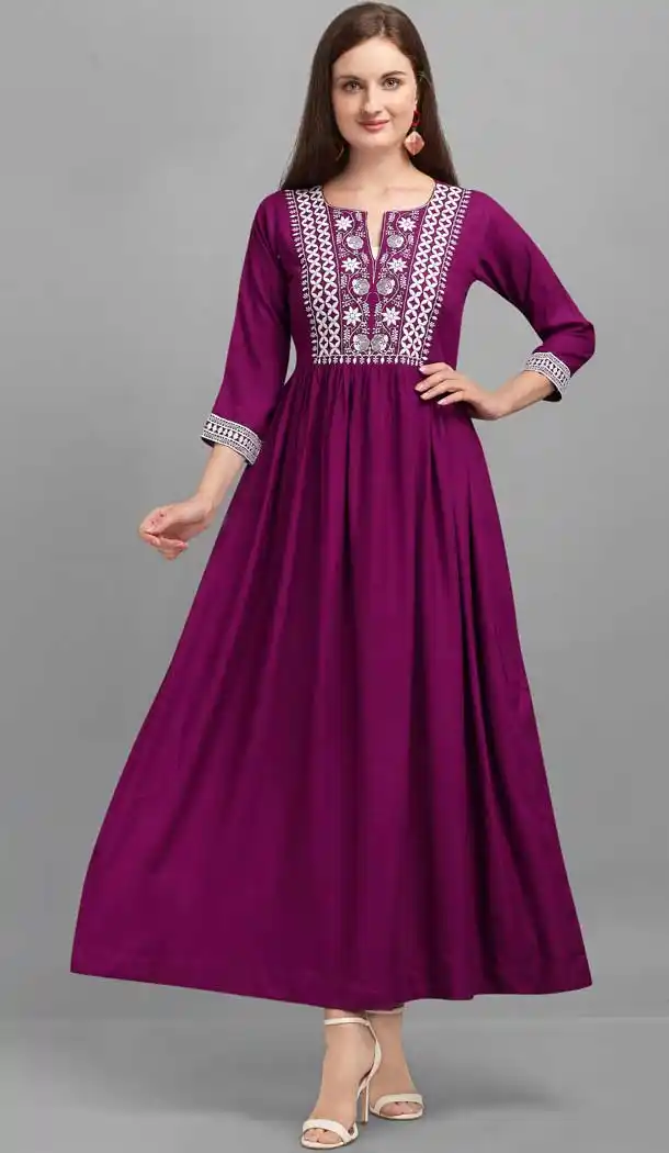 Magenta Color Rayon Designer Party Wear Long Ready Made Kurti -1388129598