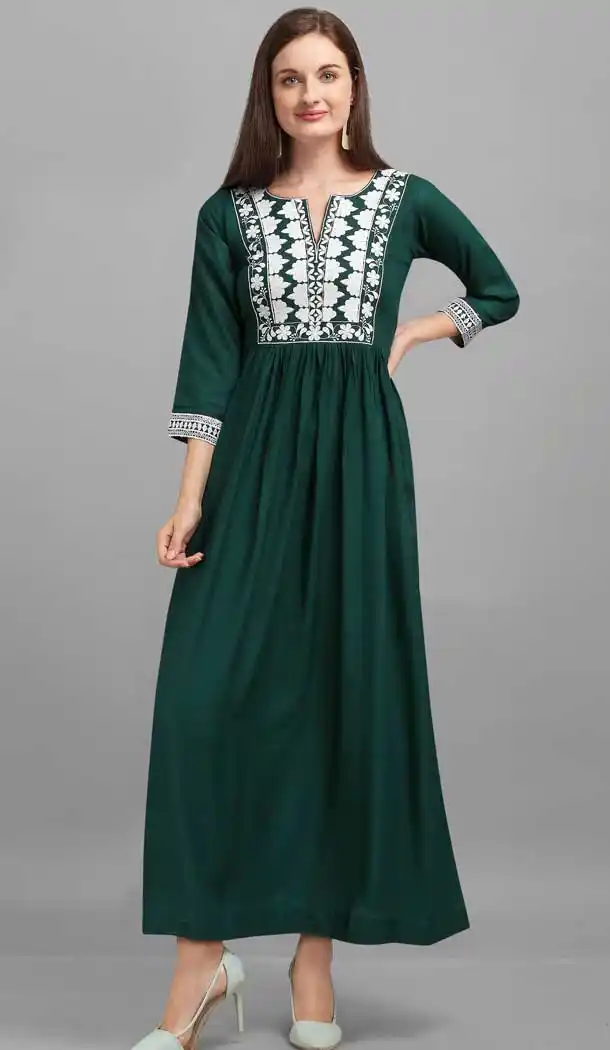 Green Color Rayon Designer Party Wear Long Ready Made Kurti -1388129599
