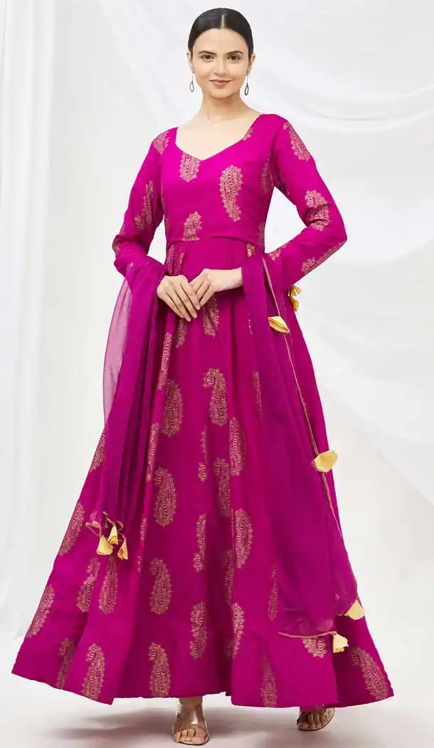 Magenta Color Pure Maslin Festive Wear Aanarkali Style Gown Suit -1448129989