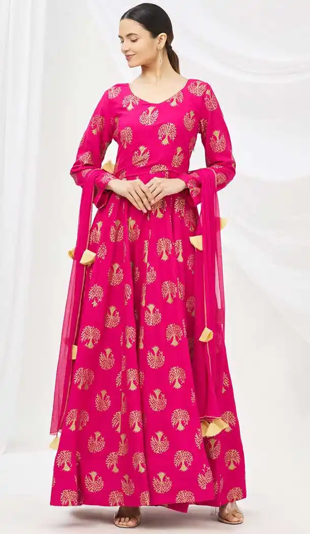 Rani Pink Color Pure Maslin Festive Wear Aanarkali Style Gown Suit -1448129990
