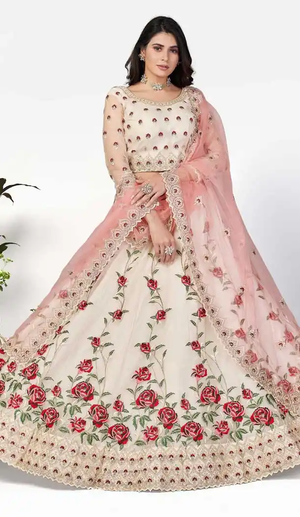 Off White Color Soft Net Bridal Mehendi Sangeet Wear Lehenga Choli -1438129917