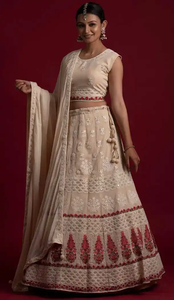 Beige Color Georgette Heavy Designer Festive Wear Lehenga Choli -1441129935