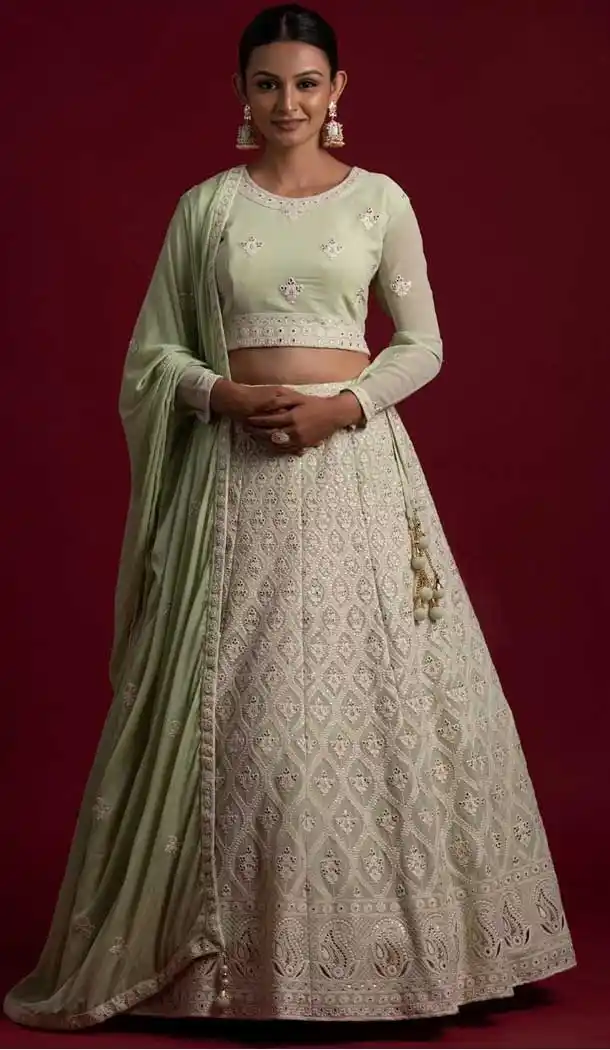 Pista Color Georgette Heavy Designer Festive Wear Lehenga Choli -1441129937
