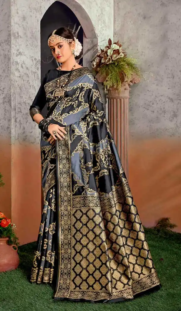 Black Grey Color Art Silk Traditional Classic Party Wear Saree Blouse -1446129978