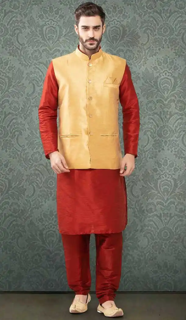 Fancy Maroon Color Poly Silk Party Wear Readymade Mens Kurta Pajama -1457130060