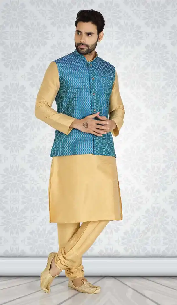 Fawn Color Poly Silk Party Wear Readymade Mens Kurta Pajama -1457130061