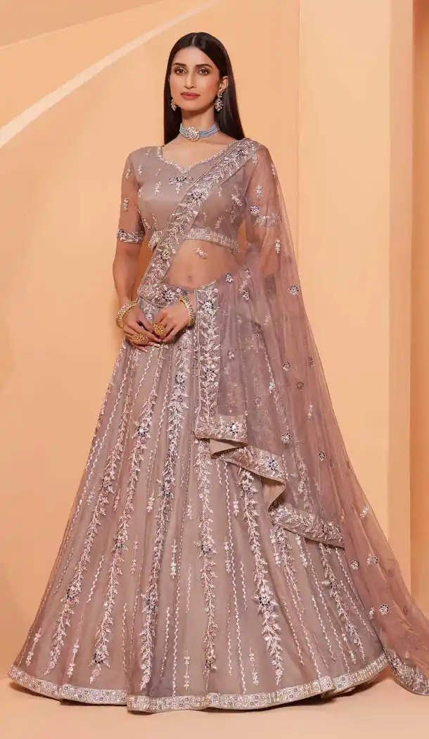Beige Color Net Heavy Designer Party Wear Plus Size Lehenga Choli -1465130115