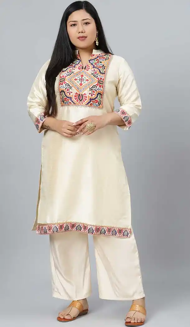 Classy Crème Color Poly Silk Designer Party Wear Readymade Plus Size Kurtis -1479130242