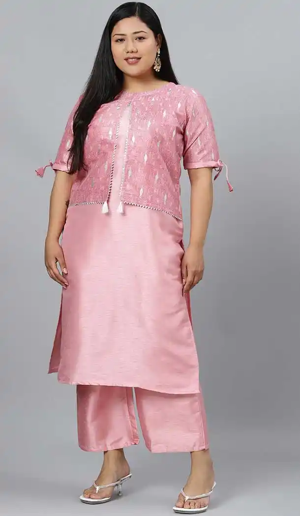 Tantalizing Pink Color Poly Silk Designer Party Wear Readymade Plus Size Kurtis -1479130244