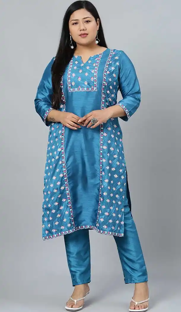 Beautiful Sky Blue Color Poly Silk Designer Party Wear Readymade Plus Size Kurtis -1479130246