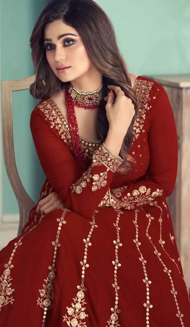 Maroon Color Real Georgette Designer Pakistani Wear Aanarkali Suit -1492130434