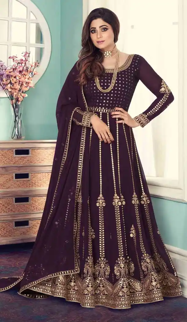 Purple Color Real Georgette Designer Pakistani Wear Aanarkali Suit -1492130435