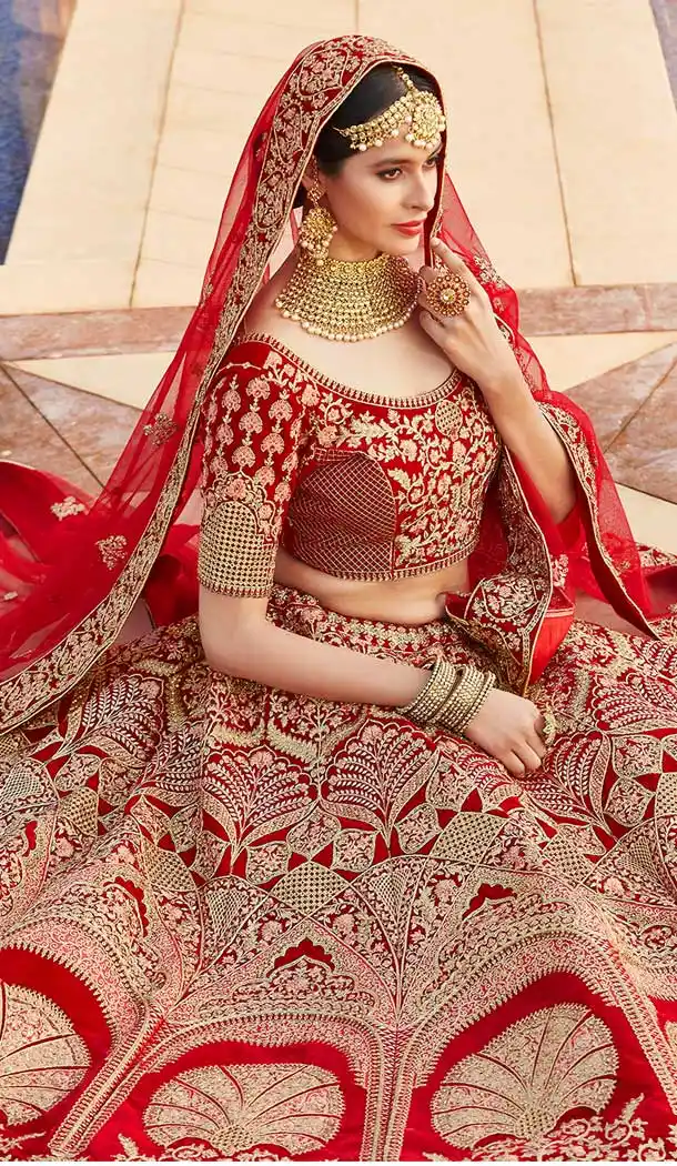 Red Color Velvet Heavy Designer Bridal Wedding Wear Lehenga Choli -1503130655