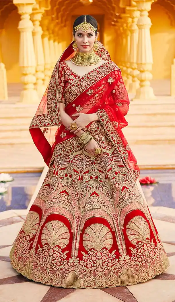 Red Color Velvet Heavy Designer Bridal Wedding Wear Lehenga Choli -1503130655