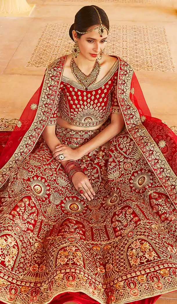 Splendorous Red Color Velvet Heavy Designer Bridal Wedding Lehenga Choli -1503130657