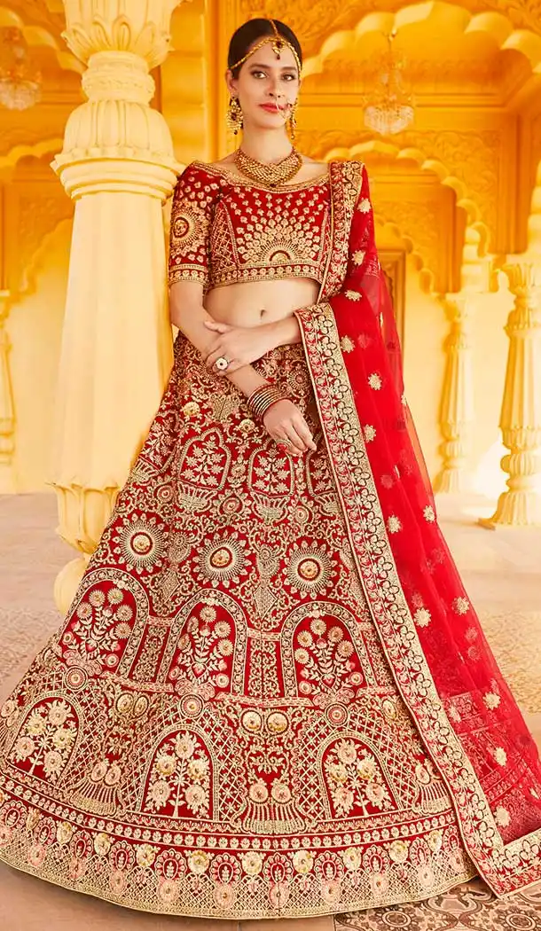 Splendorous Red Color Velvet Heavy Designer Bridal Wedding Lehenga Choli -1503130657