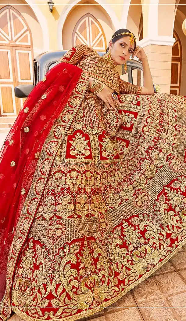 Charming Red Color Velvet Heavy Designer Bridal Wedding Lehenga Choli -1503130663
