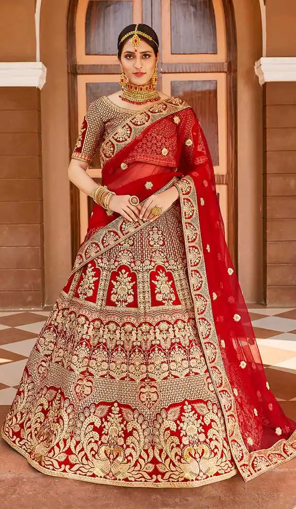 Charming Red Color Velvet Heavy Designer Bridal Wedding Lehenga Choli -1503130663