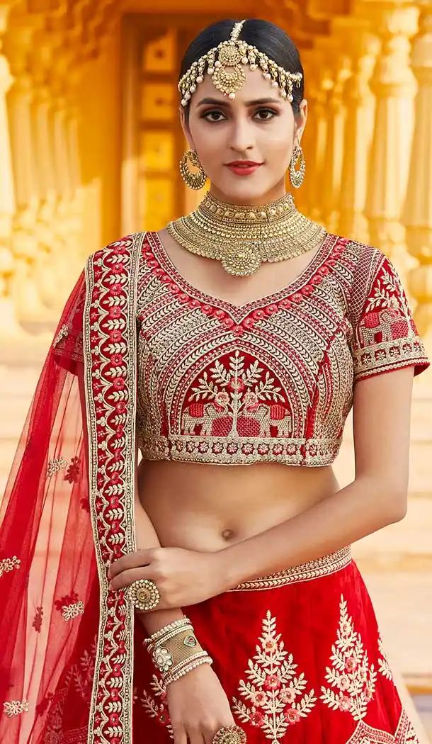 Captivating Red Color Velvet Heavy Designer Bridal Wedding Lehenga Choli -1503130664