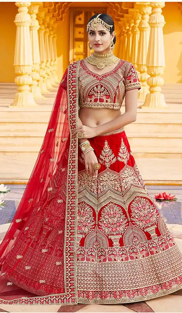 Captivating Red Color Velvet Heavy Designer Bridal Wedding Lehenga Choli -1503130664