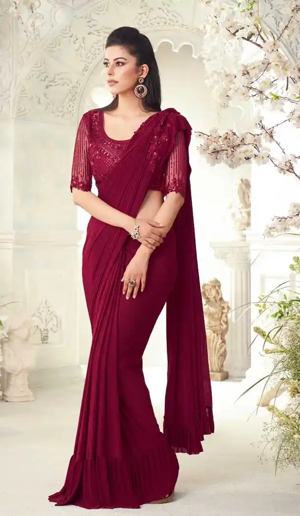 Maroon Color Smooth Imported Silk Party Wear Fancy Saree Blouse -1504130665