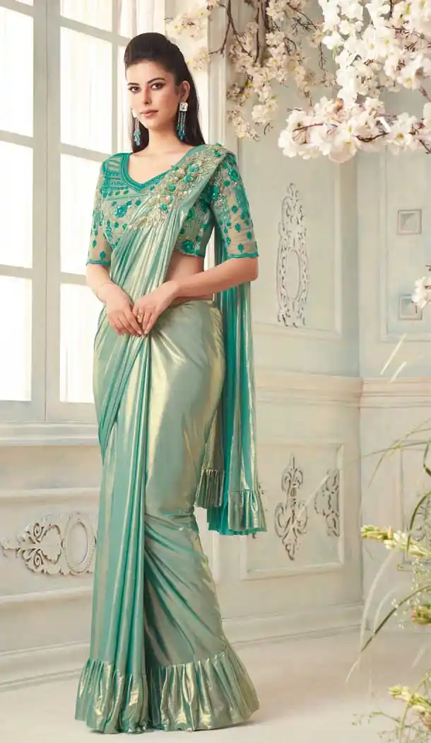 Sky Blue Color Shining Imported Silk Party Wear Fancy Saree Blouse -1504130667